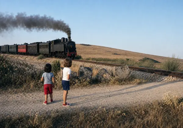 Duas crianças a ver o comboio passar, do alto do caminho
