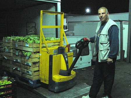 Este homem descarga alface que vem directamente do produtor, para vender ai.