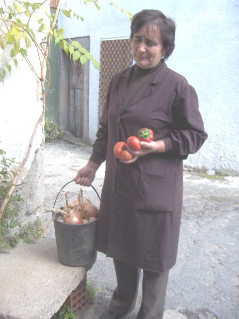 La tie arregressa patatas, cebolhas, tomates i pumientos pa fazer l almuorço. Parece qu’até sinto l cheiro de…