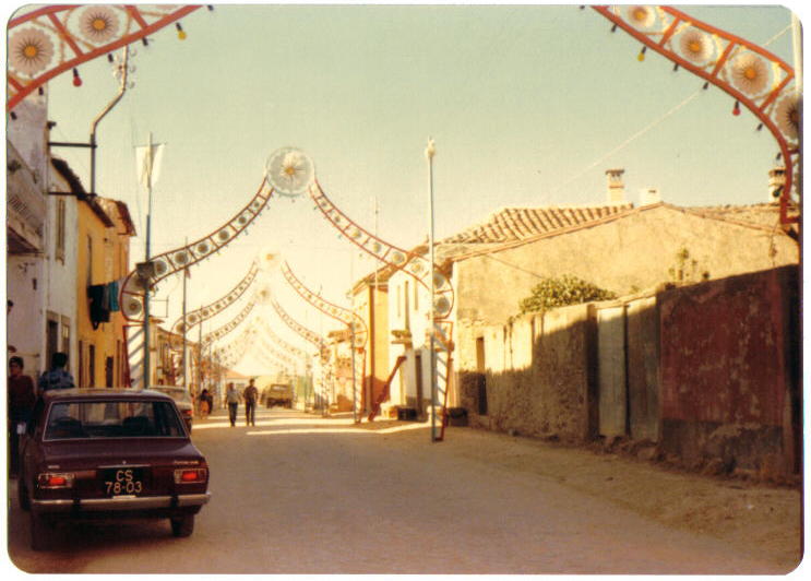 foto da Vila de Sendim com os arcos da festa de St Barbara em 1978