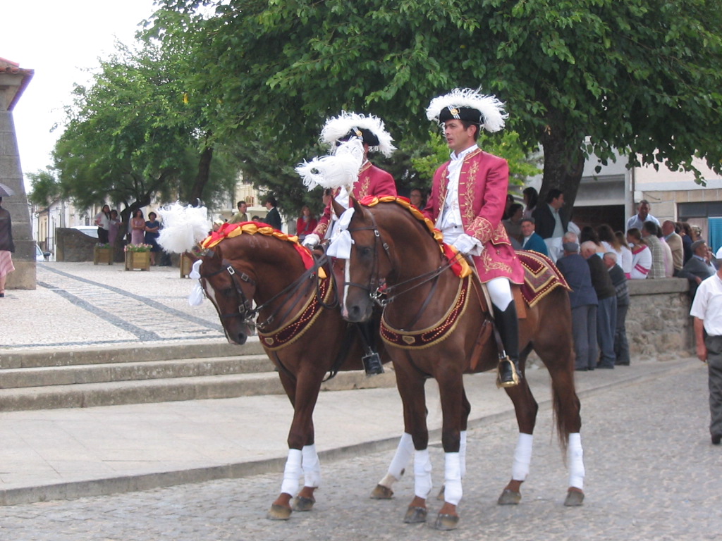 Cavaleiros da Festa de Santa Barbara de 2004. E Sendim vista dos Barriais.