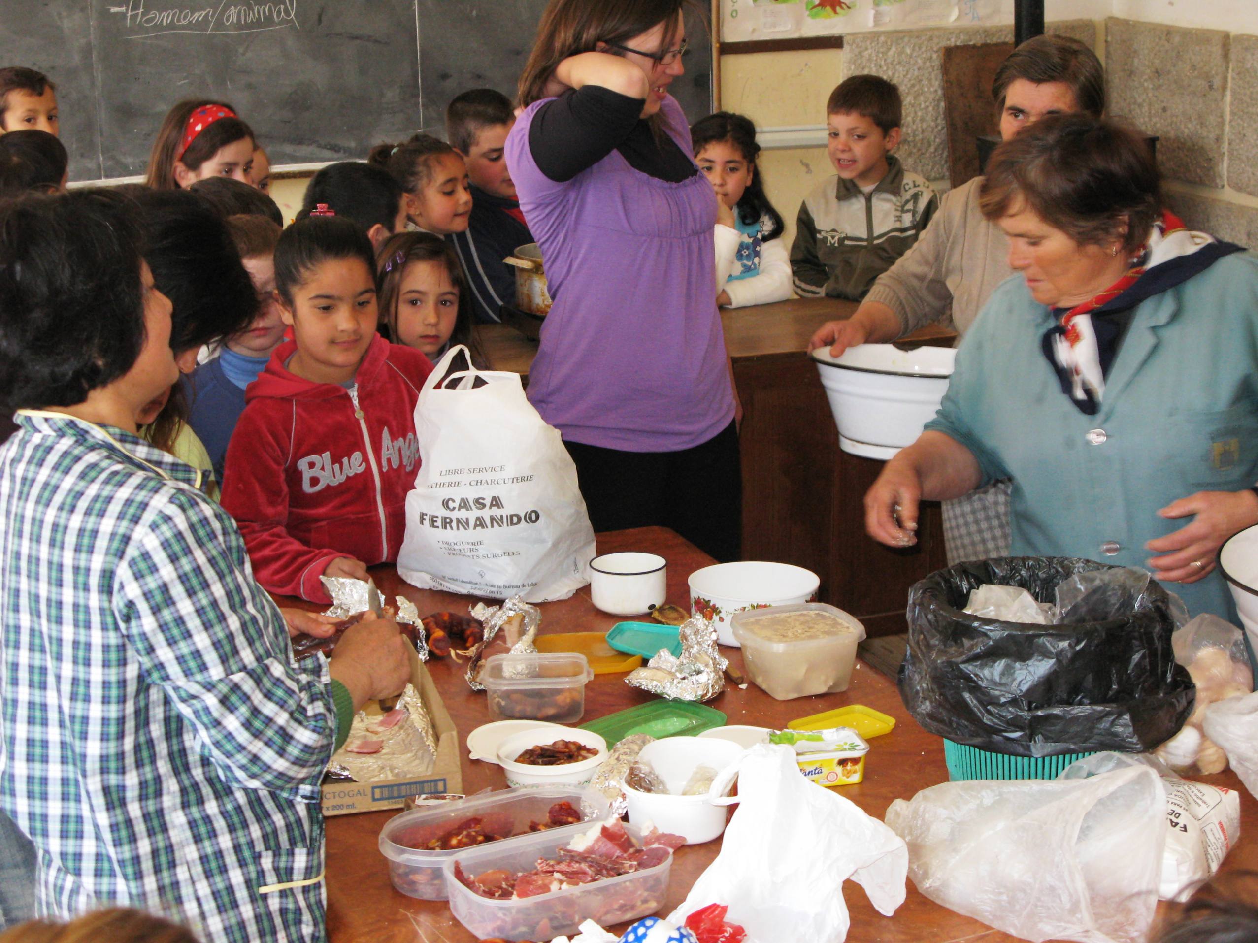 FOLAR -2009 Alunos do primeiro ciclo da escola de Sendim aprendem a fazer o folar A mesa com os produtos