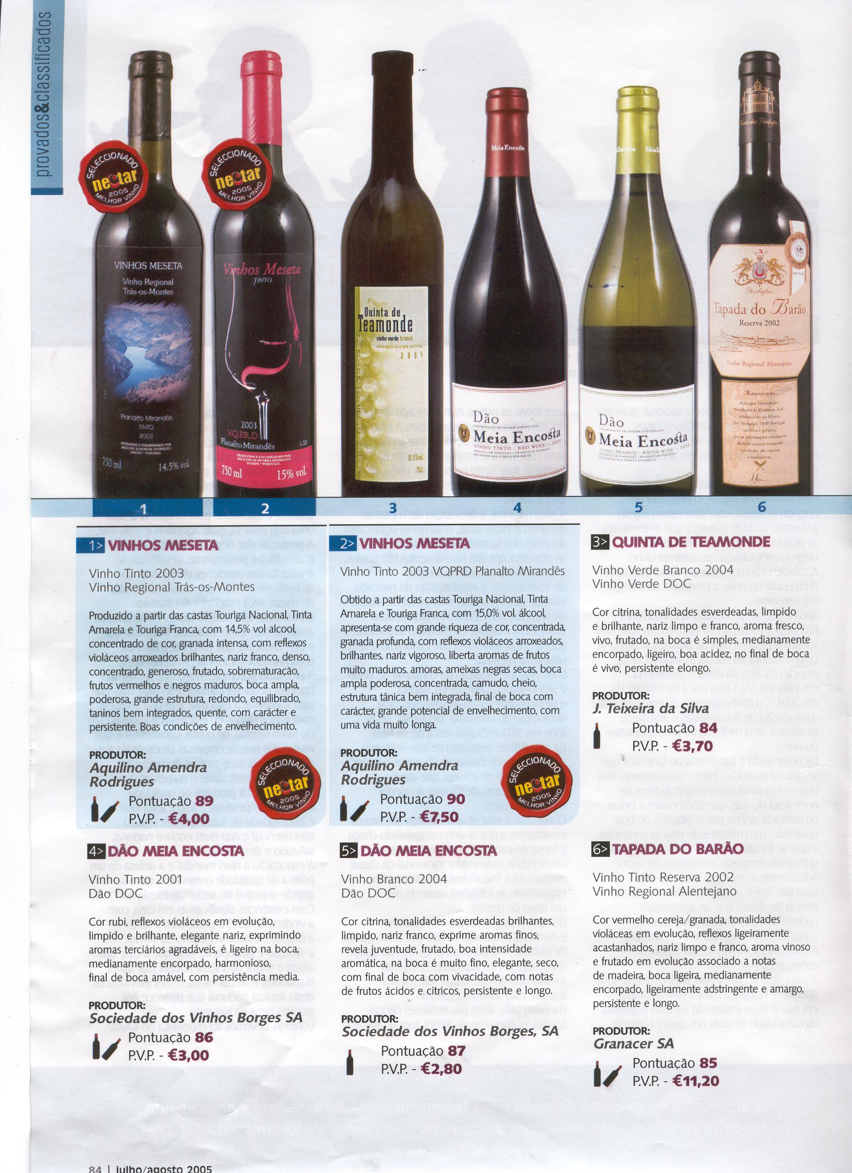 Vinhos Meseta, são premiados pela revista Nectar, com o prémio de Melhor do Ano 2005